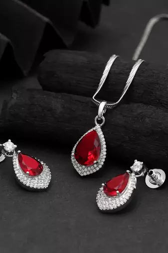 Classic ruby red color american diamond pendant set perfect for grand occasions