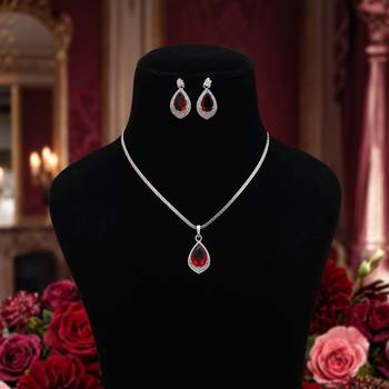 Classic ruby red color american diamond pendant set perfect for grand occasions 2