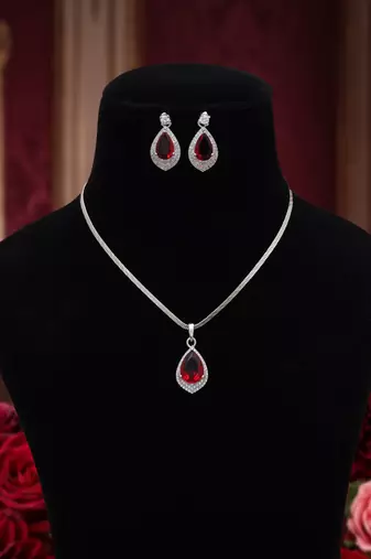 Classic ruby red color american diamond pendant set perfect for grand occasions