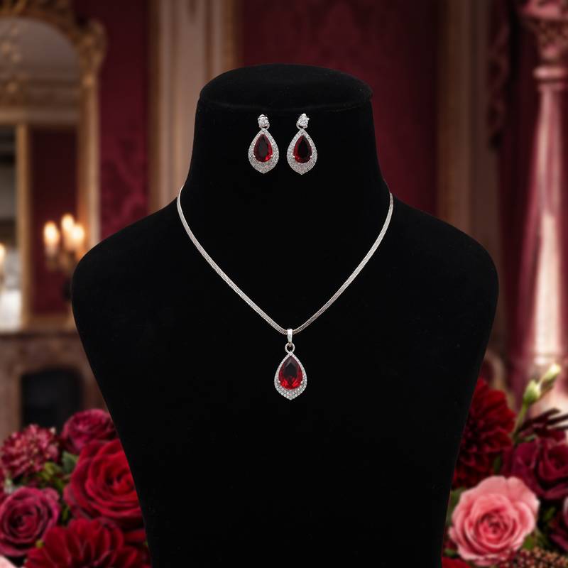 Classic ruby red color american diamond pendant set perfect for grand occasions