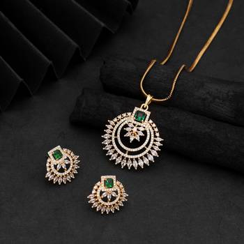 Sophisticated dark green color american diamond pendant set tailored for wedding guests 1
