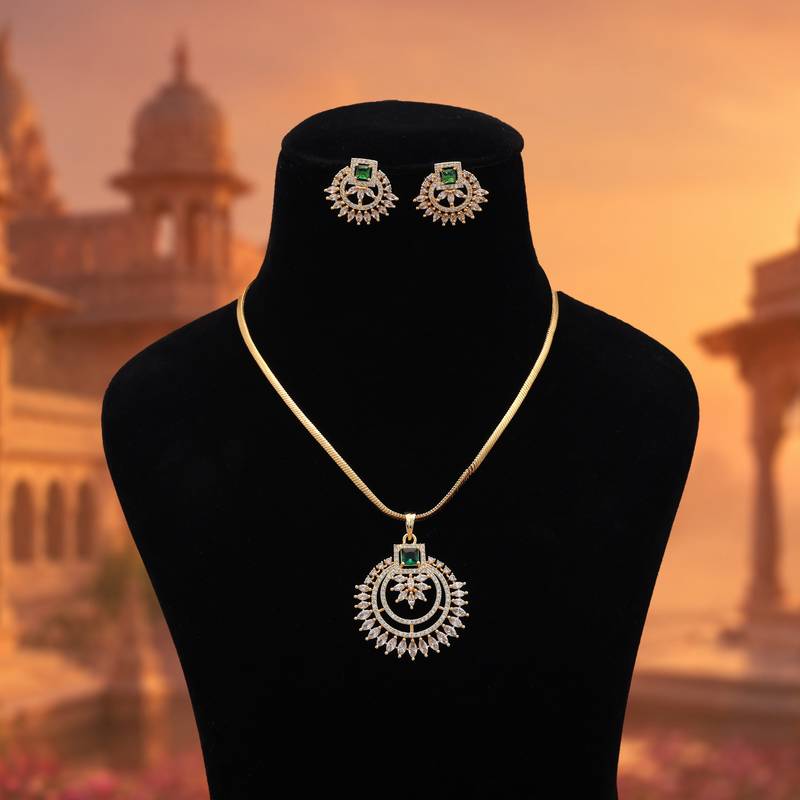 Sophisticated dark green color american diamond pendant set tailored for wedding guests