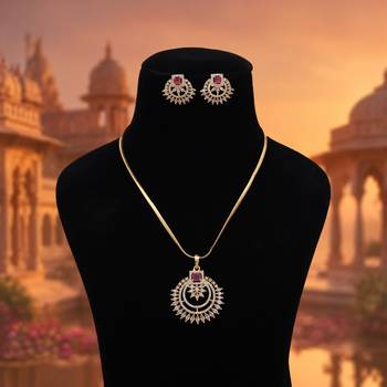 Charming deep rani color american diamond pendant set created for festive wear 2