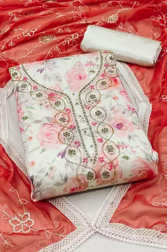 floral printed beads & stones detailed modal cotton unstitched dress material