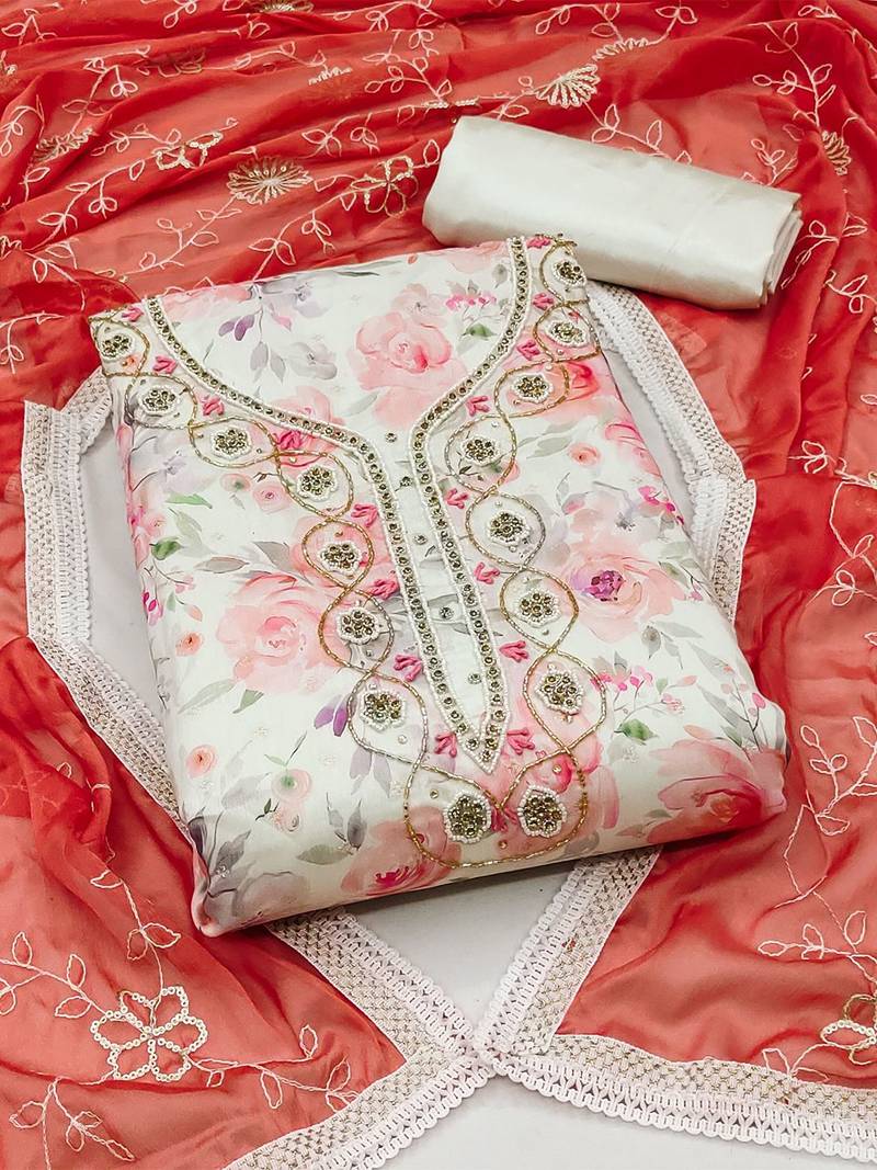 floral printed beads & stones detailed modal cotton unstitched dress material