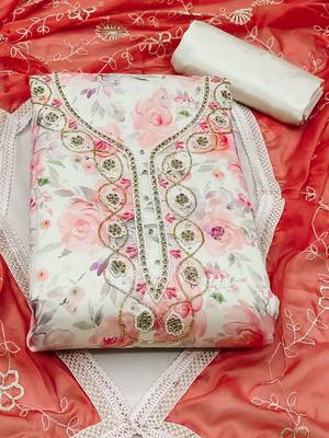 floral printed beads & stones detailed modal cotton unstitched dress material 2