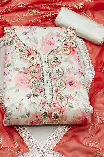 floral printed beads & stones detailed modal cotton unstitched dress material
