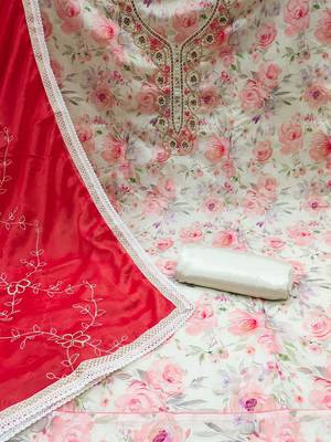floral printed beads & stones detailed modal cotton unstitched dress material 3