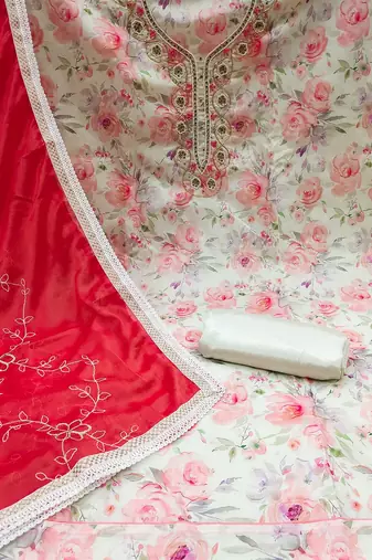 floral printed beads & stones detailed modal cotton unstitched dress material