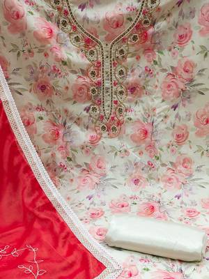 floral printed beads & stones detailed modal cotton unstitched dress material 4