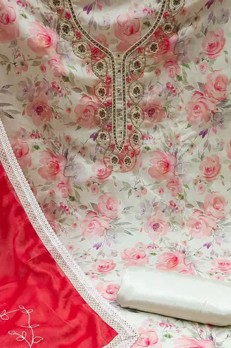 floral printed beads & stones detailed modal cotton unstitched dress material