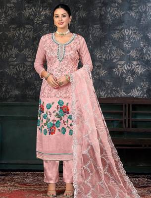 floral printed beads and stones unstitched dress material 1