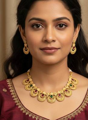 Vibrant dual rani & green color matte gold necklace set for traditional events 1