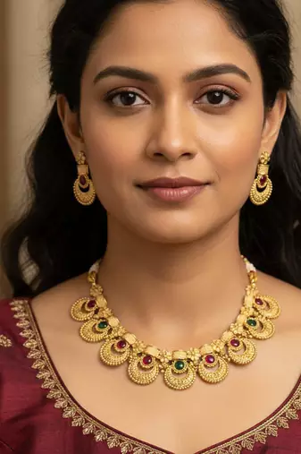 Vibrant dual rani & green color matte gold necklace set for traditional events