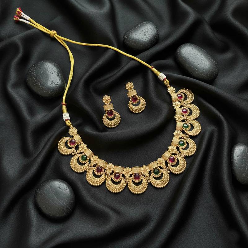 Vibrant dual rani & green color matte gold necklace set for traditional events