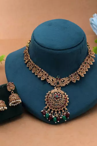 Classic heritage maroon & green color temple necklace jewelry set for divine occasions