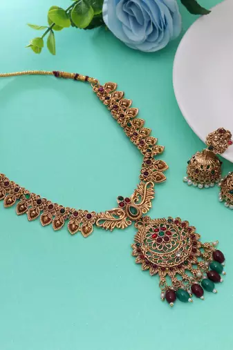 Classic heritage maroon & green color temple necklace jewelry set for divine occasions