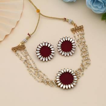 Chic deep maroon color choker handcraft necklace set styled for ethnic outfits 1