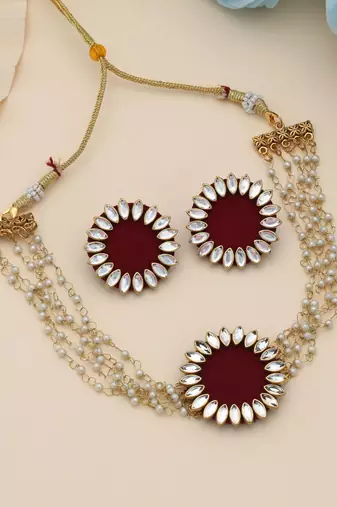 Chic deep maroon color choker handcraft necklace set styled for ethnic outfits