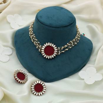 Chic deep maroon color choker handcraft necklace set styled for ethnic outfits 2