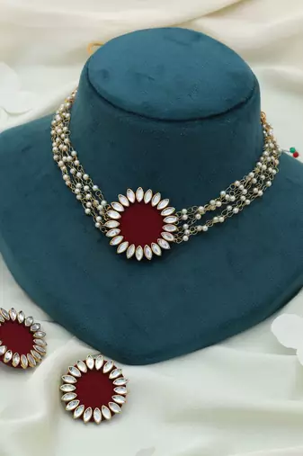 Chic deep maroon color choker handcraft necklace set styled for ethnic outfits