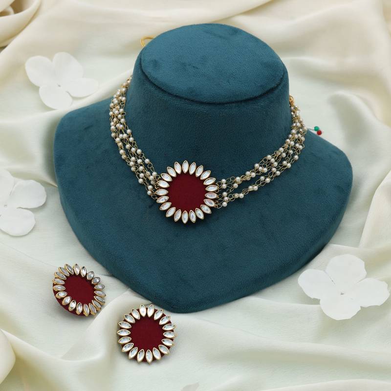 Chic deep maroon color choker handcraft necklace set styled for ethnic outfits