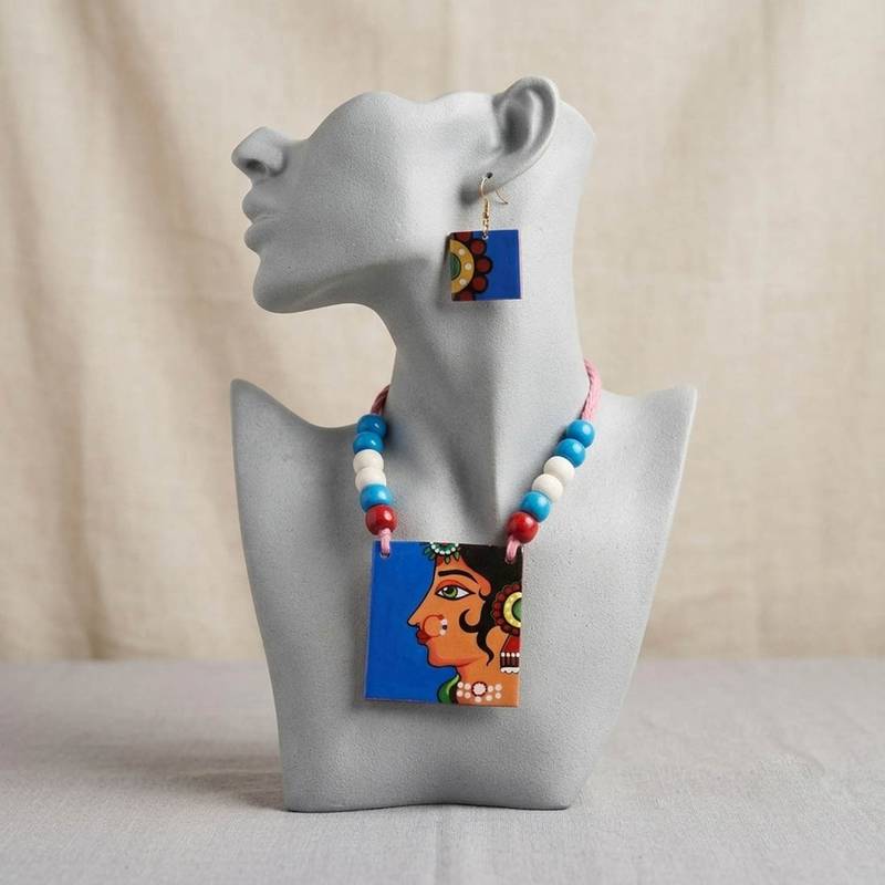 Artistic handcrafted multi color wooden handcraft necklace set suitable for everyday wear
