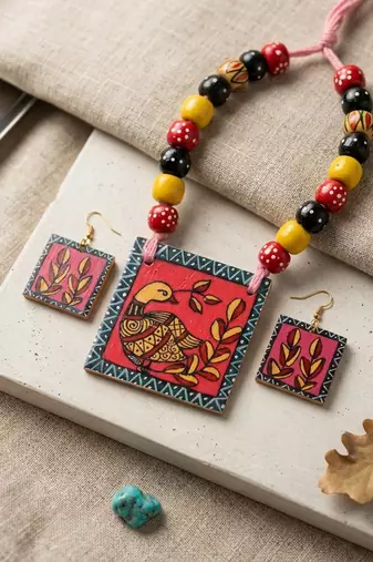 Tribal pattern multi color wooden handcraft necklace set for bohemian style looks