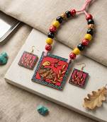 Tribal pattern multi color wooden handcraft necklace set for bohemian style looks