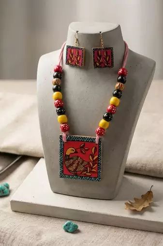 Tribal pattern multi color wooden handcraft necklace set for bohemian style looks