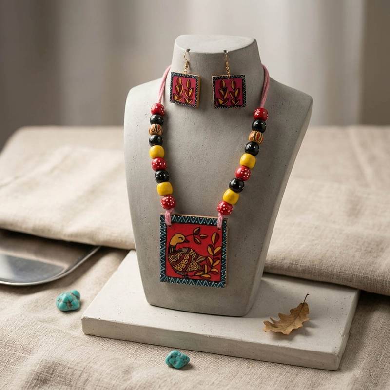 Tribal pattern multi color wooden handcraft necklace set for bohemian style looks