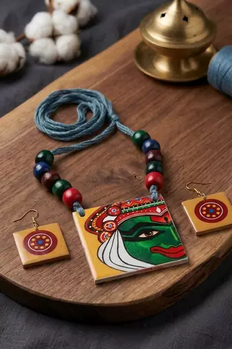 Colorfully carved multi color wooden handcraft necklace set specially made for festivals