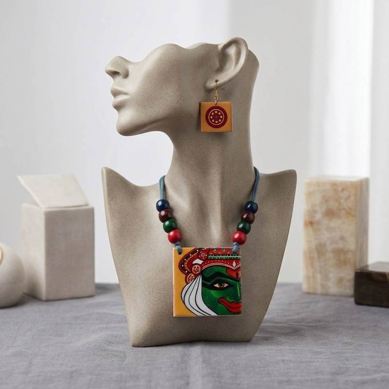 Colorfully carved multi color wooden handcraft necklace set specially made for festivals