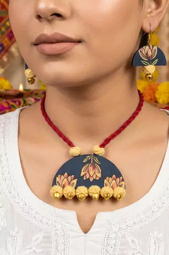 Handwoven folk multi color fabric handcraft necklace set tailored for sangeet gatherings