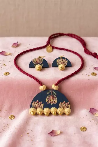 Handwoven folk multi color fabric handcraft necklace set tailored for sangeet gatherings