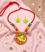 Festive folk multi color wooden handcraft necklace set styled for cultural gatherings