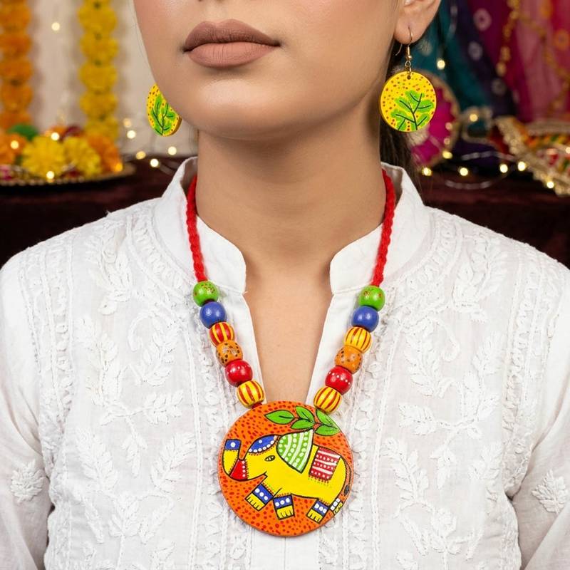 Festive folk multi color wooden handcraft necklace set styled for cultural gatherings