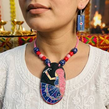 Ornate carved multi color wooden handcraft necklace set ideal for festive events 1