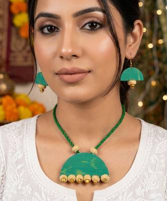 Lush natural green color fabric handcraft necklace set styled for festive outfits 1