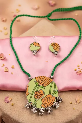 Festive peacock multi color fabric handcraft necklace set suitable for cultural parties