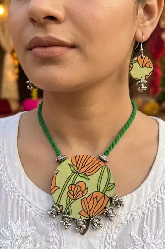 Festive peacock multi color fabric handcraft necklace set suitable for cultural parties