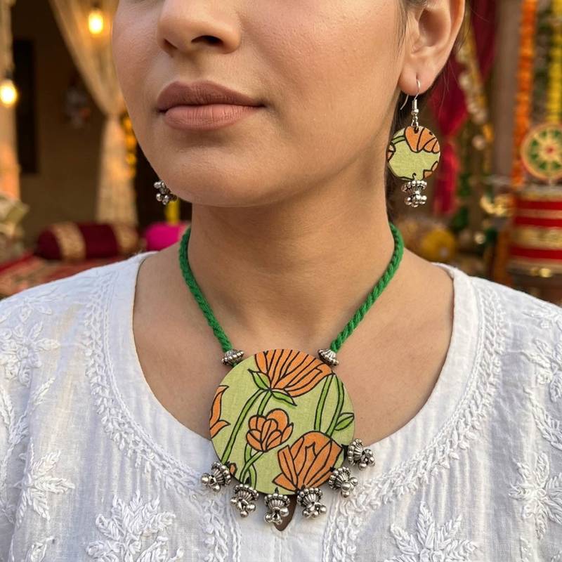 Festive peacock multi color fabric handcraft necklace set suitable for cultural parties