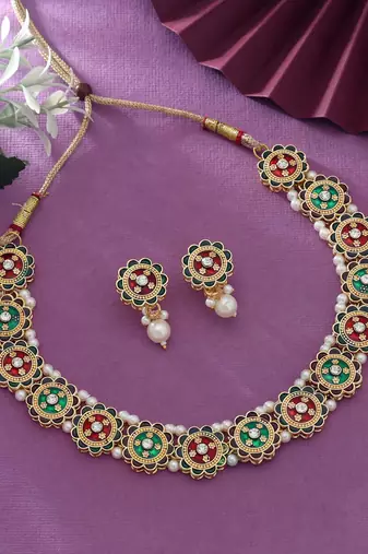 Traditional ethnic maroon & green color meenakari necklace set for festive outfits