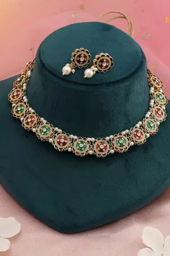 Traditional ethnic maroon & green color meenakari necklace set for festive outfits