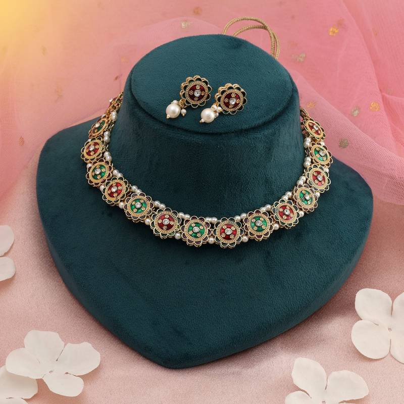 Traditional ethnic maroon & green color meenakari necklace set for festive outfits