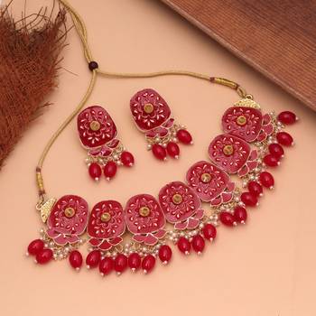 Vibrant ruby red color meenakari necklace set specially designed for wedding wear 1