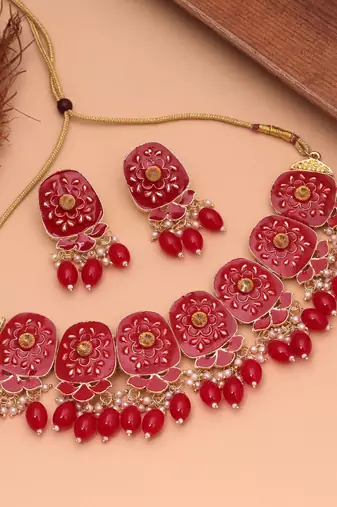 Vibrant ruby red color meenakari necklace set specially designed for wedding wear