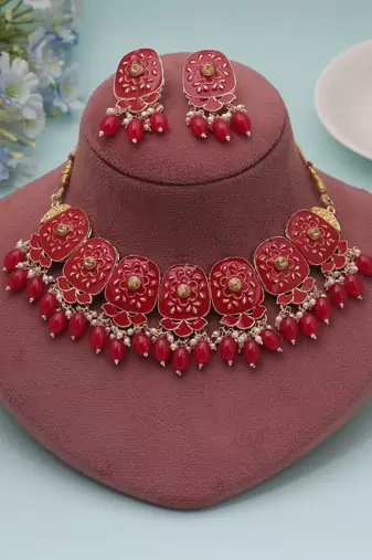 Vibrant ruby red color meenakari necklace set specially designed for wedding wear