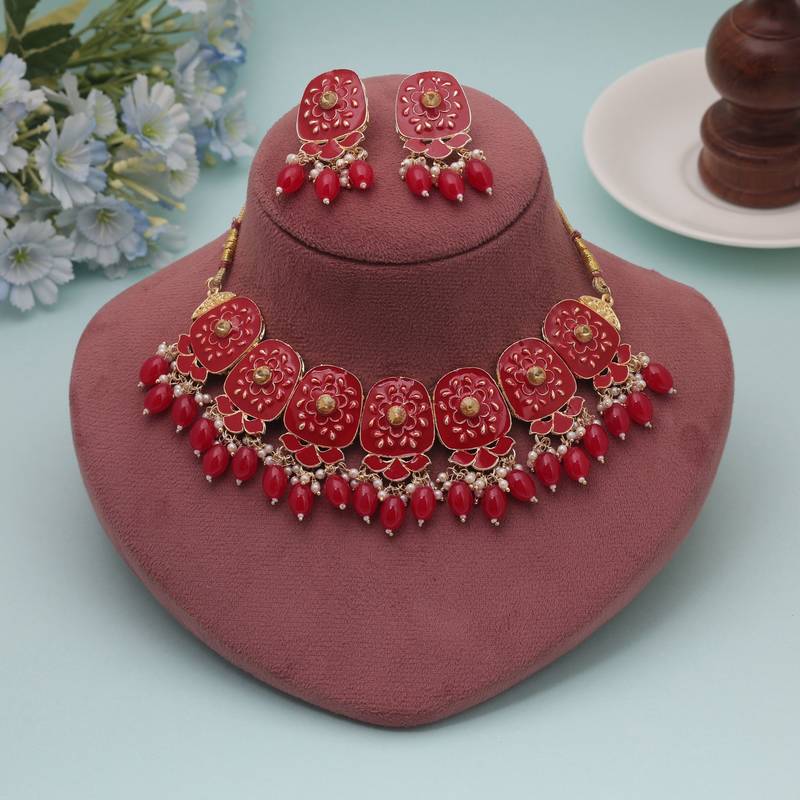 Vibrant ruby red color meenakari necklace set specially designed for wedding wear