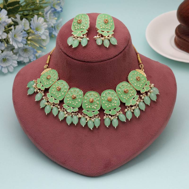 Refreshing pastel light green color meenakari necklace set suitable for spring gatherings